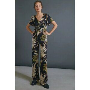 NWT Anthropologie Black Yellow Jasmine Palm-Printed Jumpsuit Womens Size 4